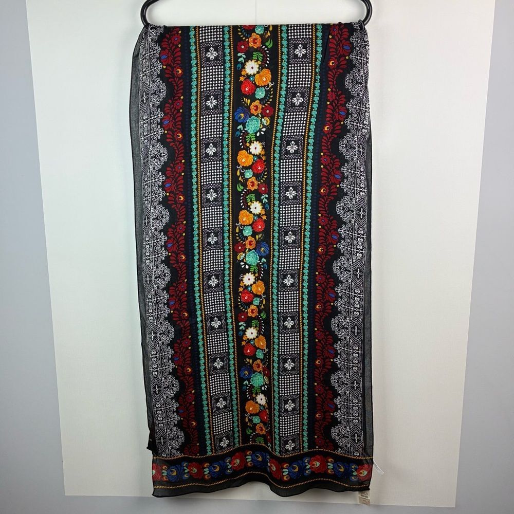 NWT Talbots women’s viscose black floral geometric patterns scarf 20x80in